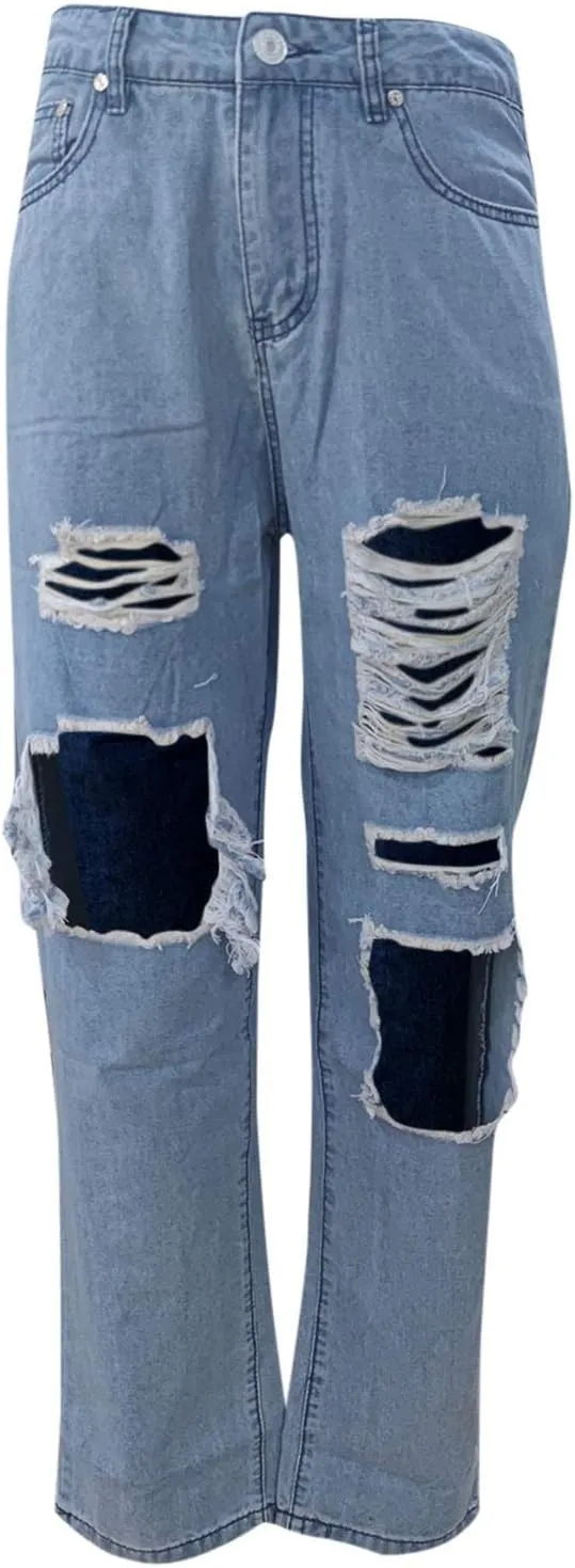 Baggy Ripped Jeans for Teen Girls Women High Waisted Wide Leg Straight Denim Streetwear Fashion Hole Pants