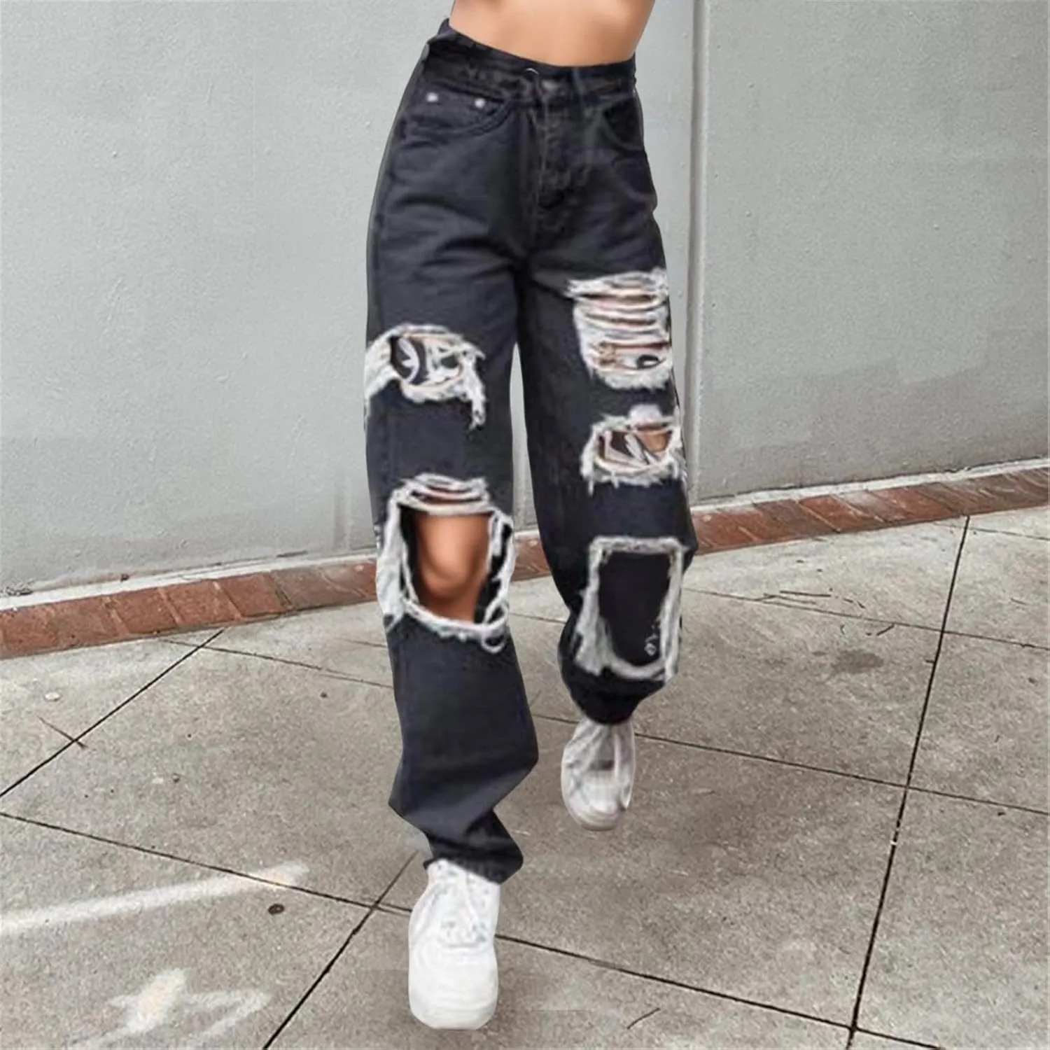 Baggy Ripped Jeans for Teen Girls Women High Waisted Wide Leg Straight Denim Streetwear Fashion Hole Pants