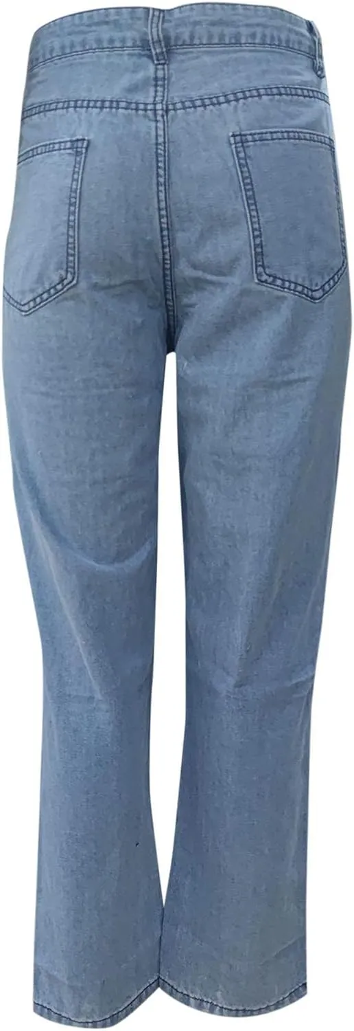 Baggy Ripped Jeans for Teen Girls Women High Waisted Wide Leg Straight Denim Streetwear Fashion Hole Pants
