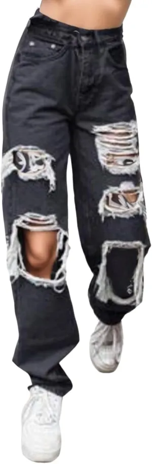 Baggy Ripped Jeans for Teen Girls Women High Waisted Wide Leg Straight Denim Streetwear Fashion Hole Pants