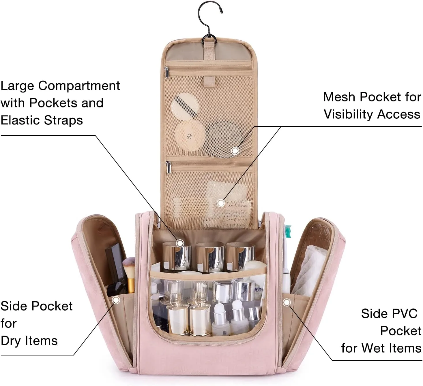 BAGSMART Extra Large Toiletry Bag Hanging Toiletry Bag for Travel, Water-resistant Cosmetic Makeup Large Capacity Bag Organizer for Full Sized Toiletries, Pink