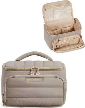 BAGSMART Travel Makeup Bag with Jewelry Organizer, Portable Make Up Bag, Puffy Wide-Opening Cosmetic Storage Pouch for Women’s Toiletries and Travel Essentials (Brown)