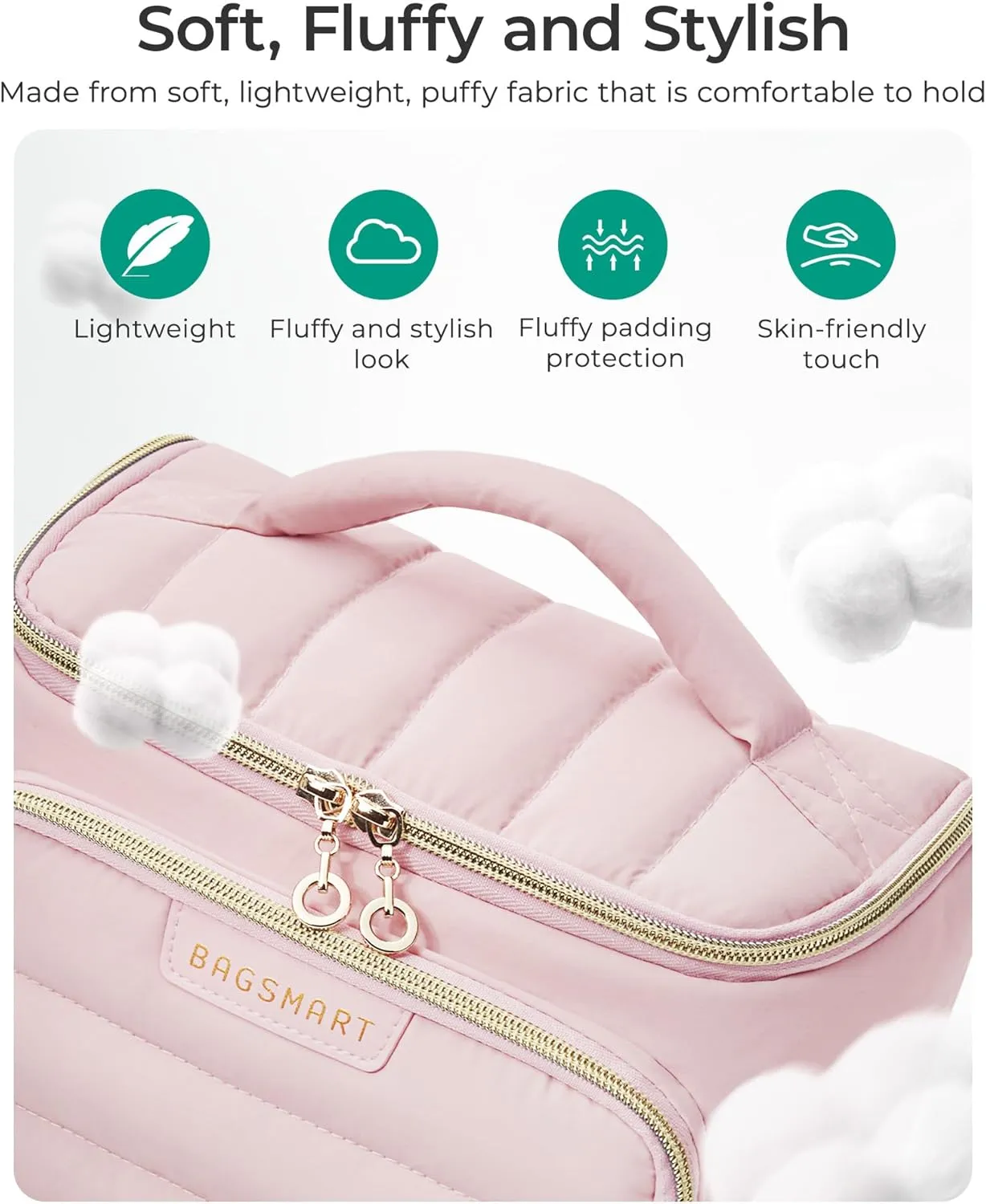 BAGSMART Travel Makeup Bag with Jewelry Organizer, Portable Make Up Bag, Puffy Wide-Opening Cosmetic Storage Pouch for Women’s Toiletries and Travel Essentials (Brown)
