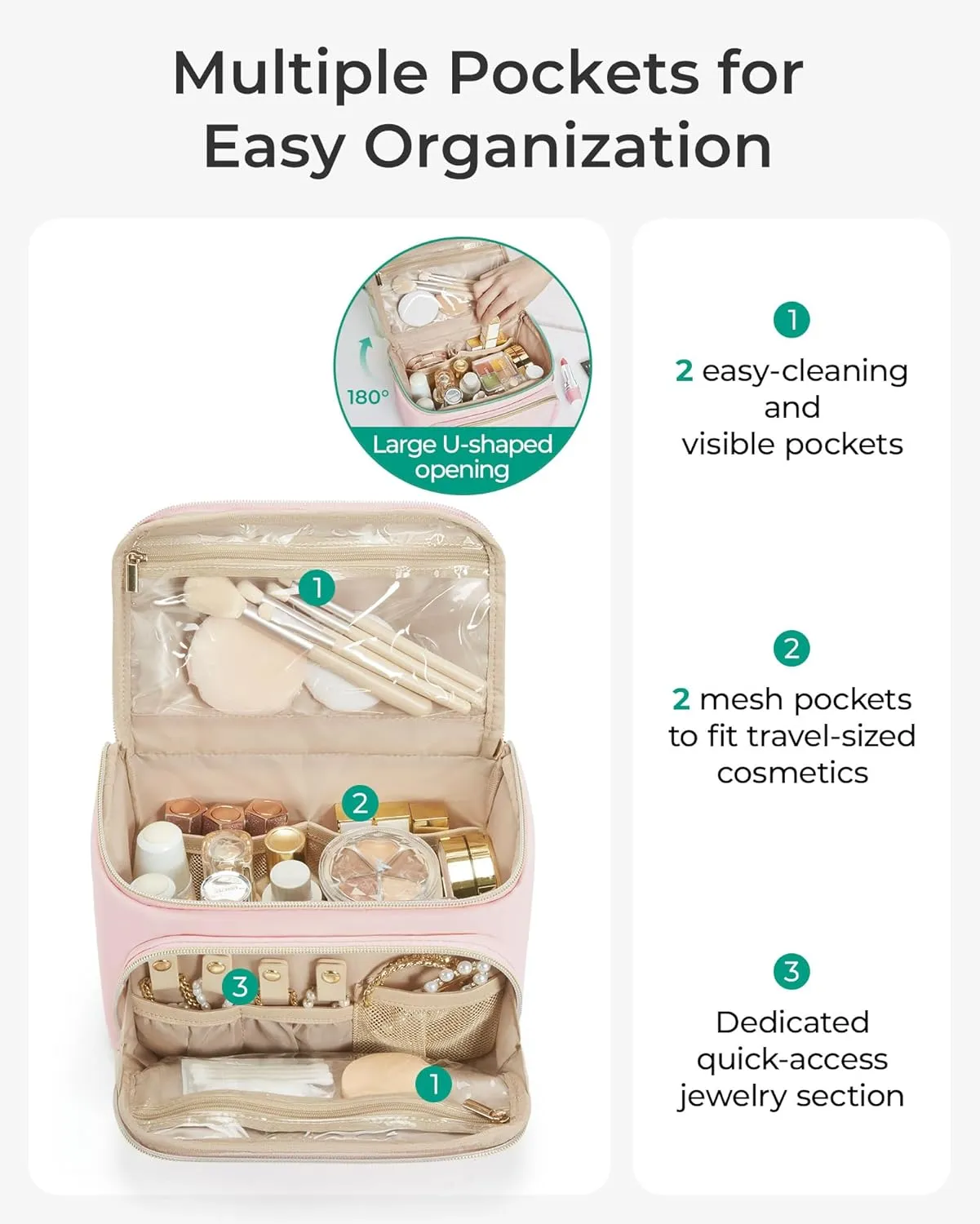 BAGSMART Travel Makeup Bag with Jewelry Organizer, Portable Make Up Bag, Puffy Wide-Opening Cosmetic Storage Pouch for Women’s Toiletries and Travel Essentials (Brown)