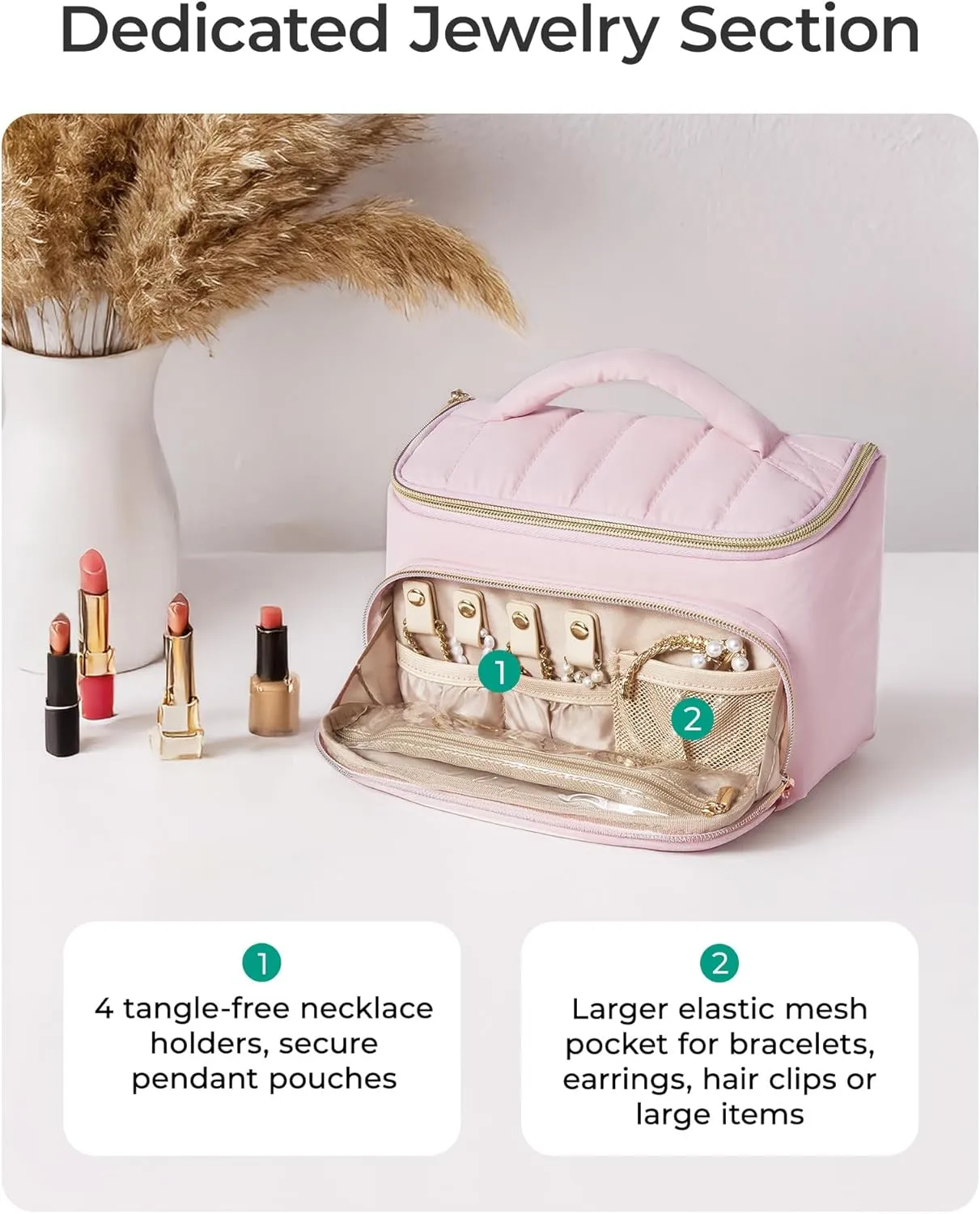 BAGSMART Travel Makeup Bag with Jewelry Organizer, Portable Make Up Bag, Puffy Wide-Opening Cosmetic Storage Pouch for Women’s Toiletries and Travel Essentials (Brown)