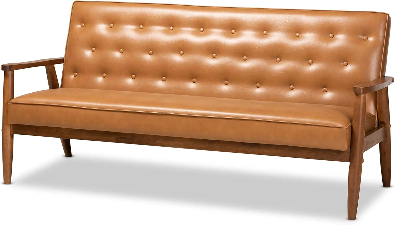 Baxton Studio Sorrento Mid-Century Modern Tan Faux Leather Upholstered and Walnut Brown Finished Wood Sofa