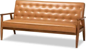 Baxton Studio Sorrento Mid-Century Modern Tan Faux Leather Upholstered and Walnut Brown Finished Wood Sofa