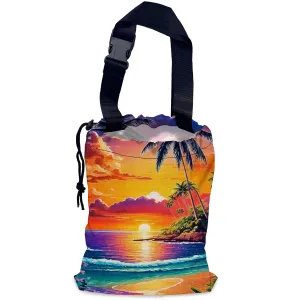 Beach Sunrise Car Garbage Bag,Palm Tree Waterproof Small Car Trash Bag Hanging Back of Seat,Drawstring Hanging Car Trash Bag with Adjustable Buckle for Car Accessories