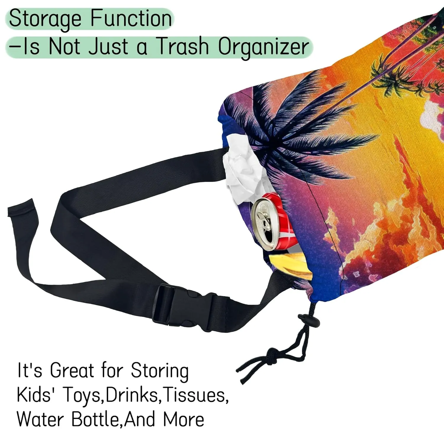 Beach Sunrise Car Garbage Bag,Palm Tree Waterproof Small Car Trash Bag Hanging Back of Seat,Drawstring Hanging Car Trash Bag with Adjustable Buckle for Car Accessories