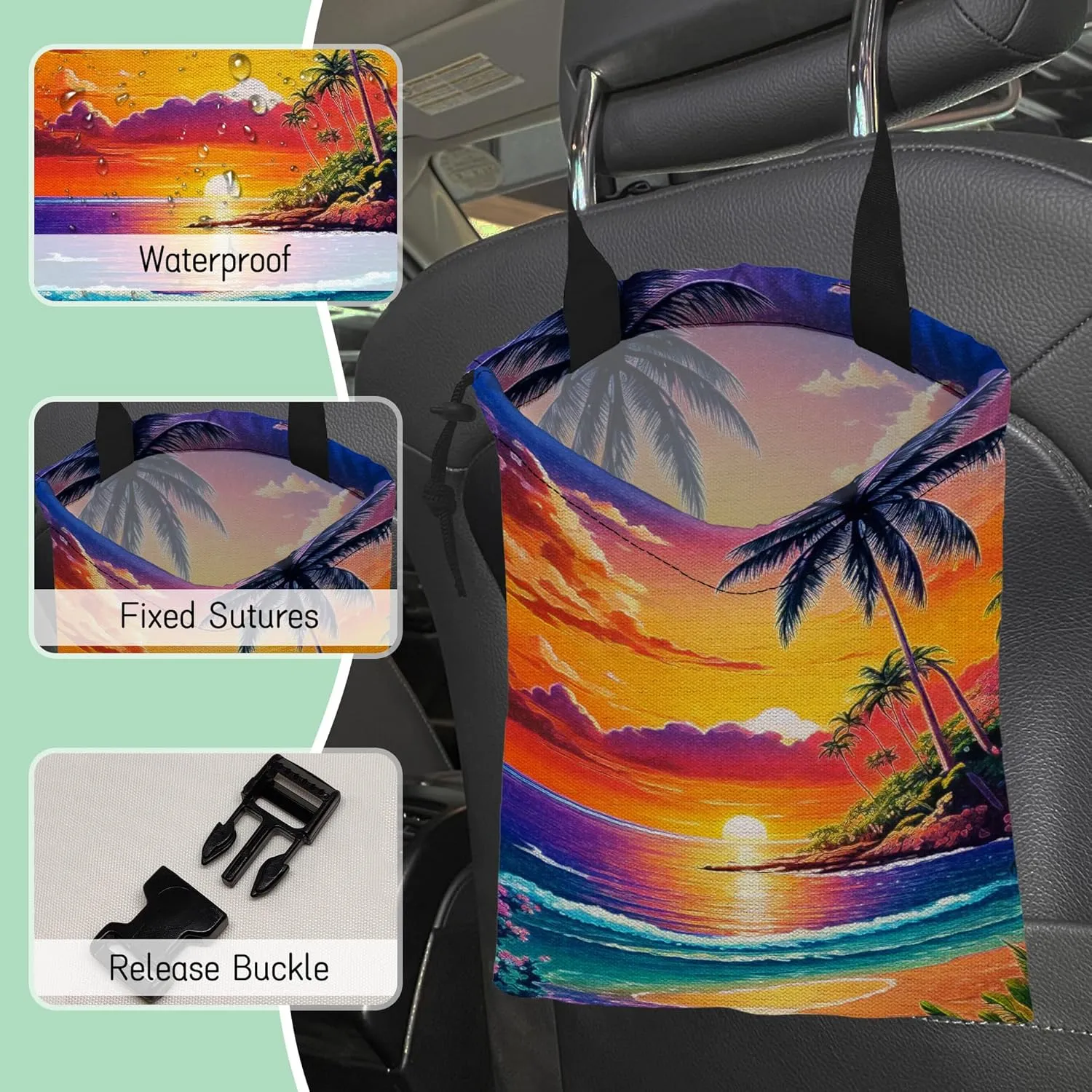 Beach Sunrise Car Garbage Bag,Palm Tree Waterproof Small Car Trash Bag Hanging Back of Seat,Drawstring Hanging Car Trash Bag with Adjustable Buckle for Car Accessories