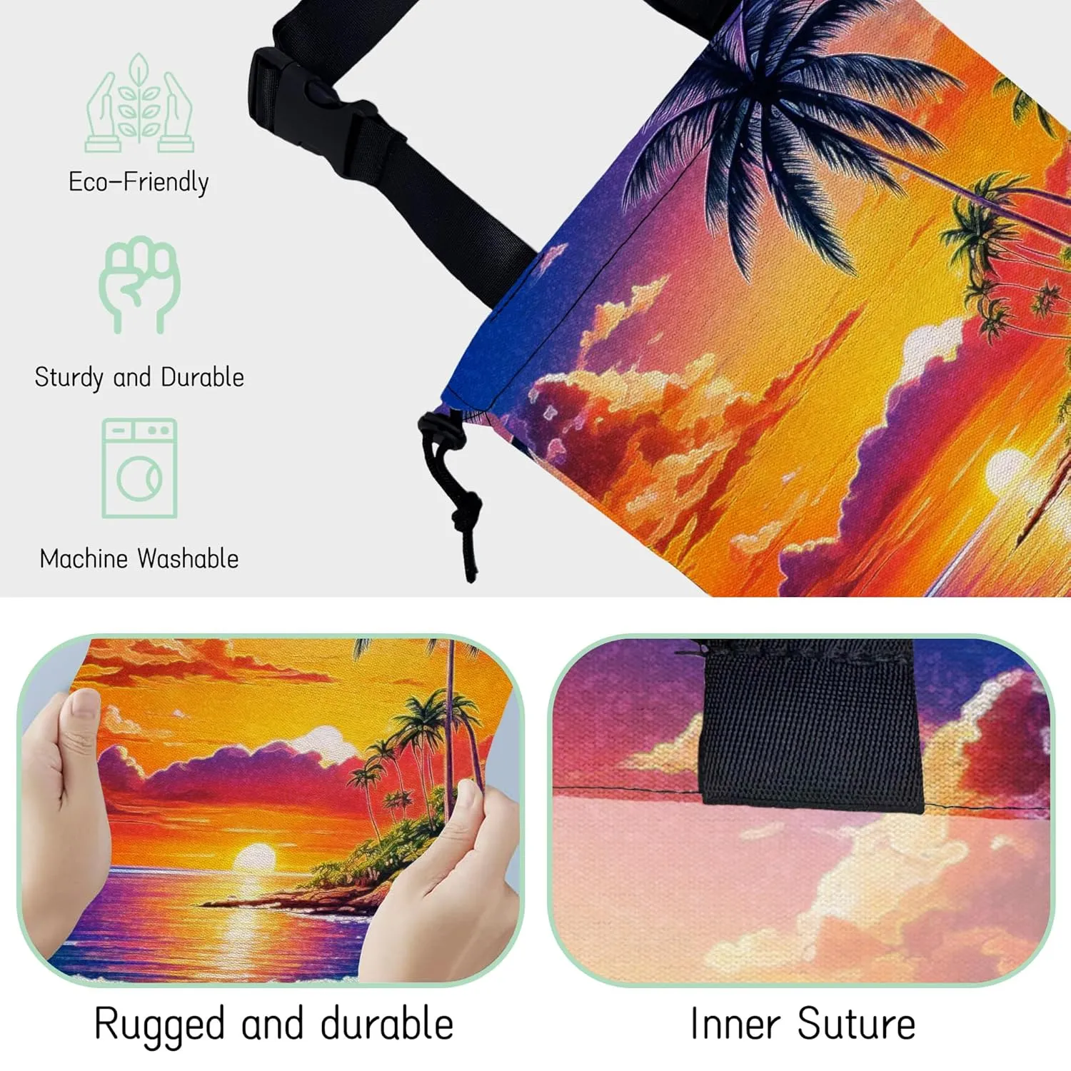 Beach Sunrise Car Garbage Bag,Palm Tree Waterproof Small Car Trash Bag Hanging Back of Seat,Drawstring Hanging Car Trash Bag with Adjustable Buckle for Car Accessories