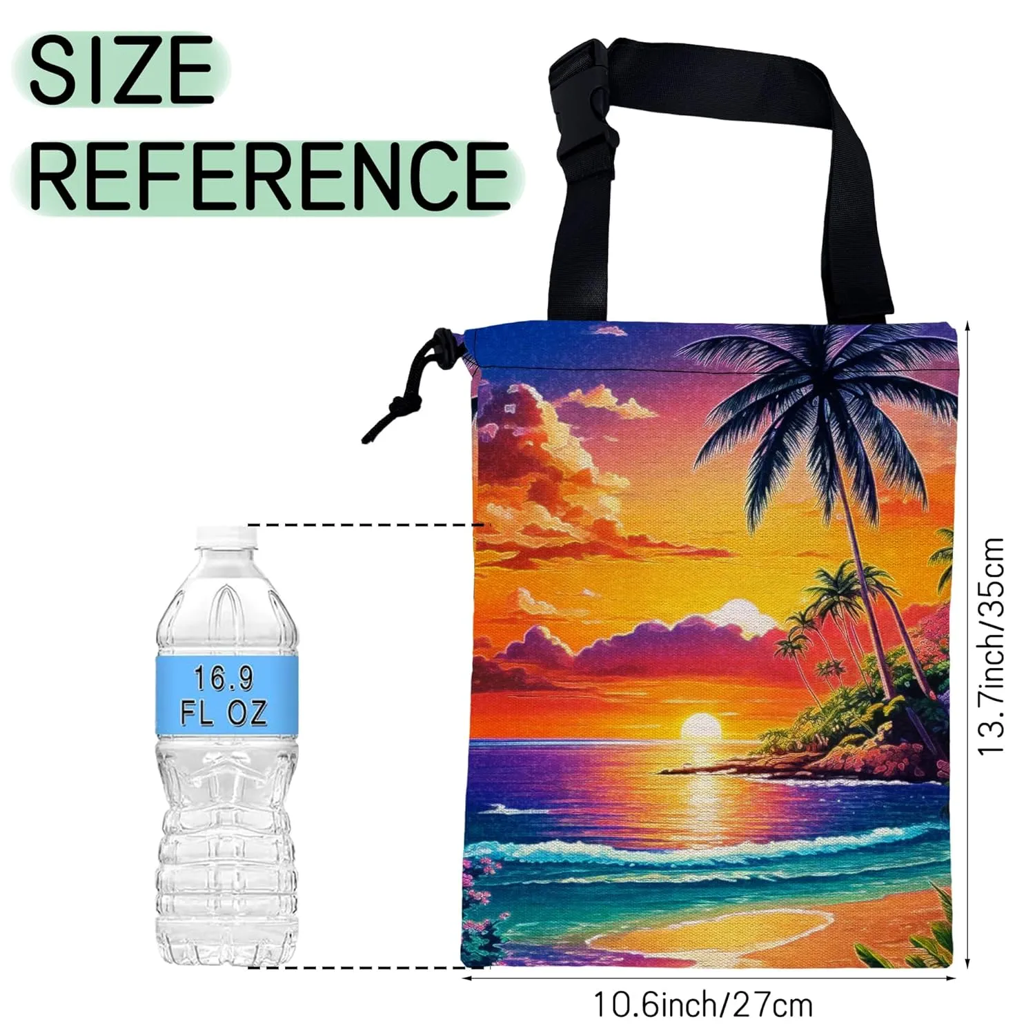Beach Sunrise Car Garbage Bag,Palm Tree Waterproof Small Car Trash Bag Hanging Back of Seat,Drawstring Hanging Car Trash Bag with Adjustable Buckle for Car Accessories