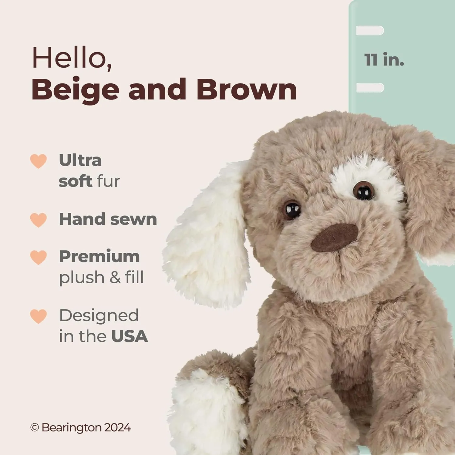 Bearington Collection Beige and Brown Dog Stuffed Animal 11 in - Puppy Stuffed Animals - Plush Dog Toys for Kids - Plushies