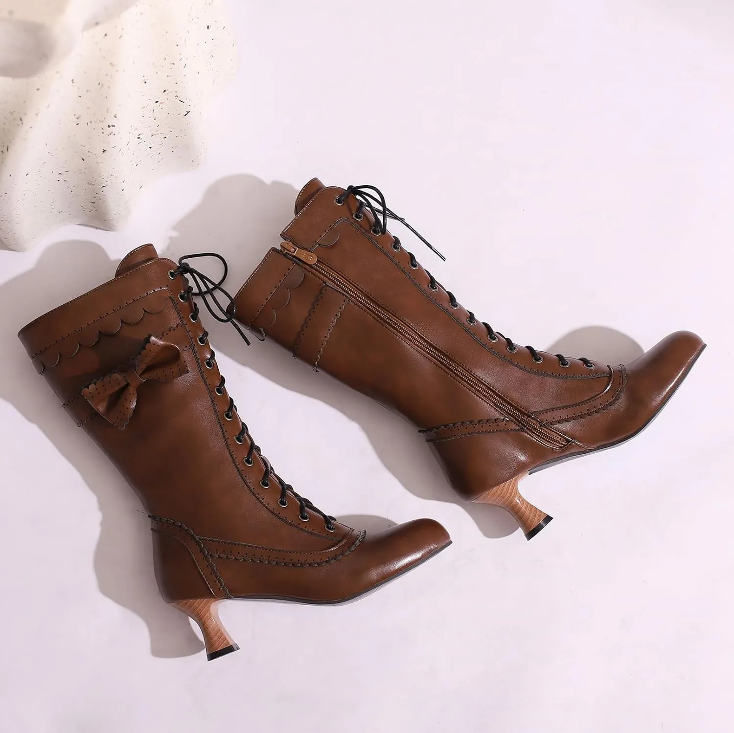 BEAUPAS Women's Mid Calf Boots Victorian Boots Lace Up Chunky Kitten Heel Round Toe Boots Vintage Low High Heels Goth Wedding Dress Granny Boots Zipper Sweet Bow Kawaii Boots