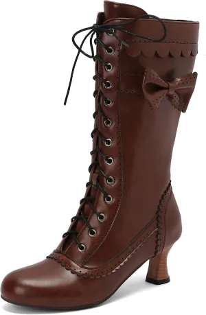 BEAUPAS Women's Mid Calf Boots Victorian Boots Lace Up Chunky Kitten Heel Round Toe Boots Vintage Low High Heels Goth Wedding Dress Granny Boots Zipper Sweet Bow Kawaii Boots