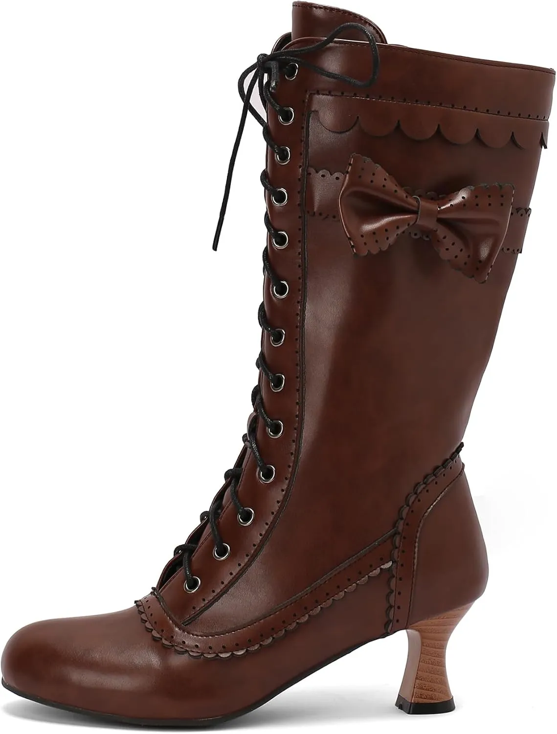 BEAUPAS Women's Mid Calf Boots Victorian Boots Lace Up Chunky Kitten Heel Round Toe Boots Vintage Low High Heels Goth Wedding Dress Granny Boots Zipper Sweet Bow Kawaii Boots