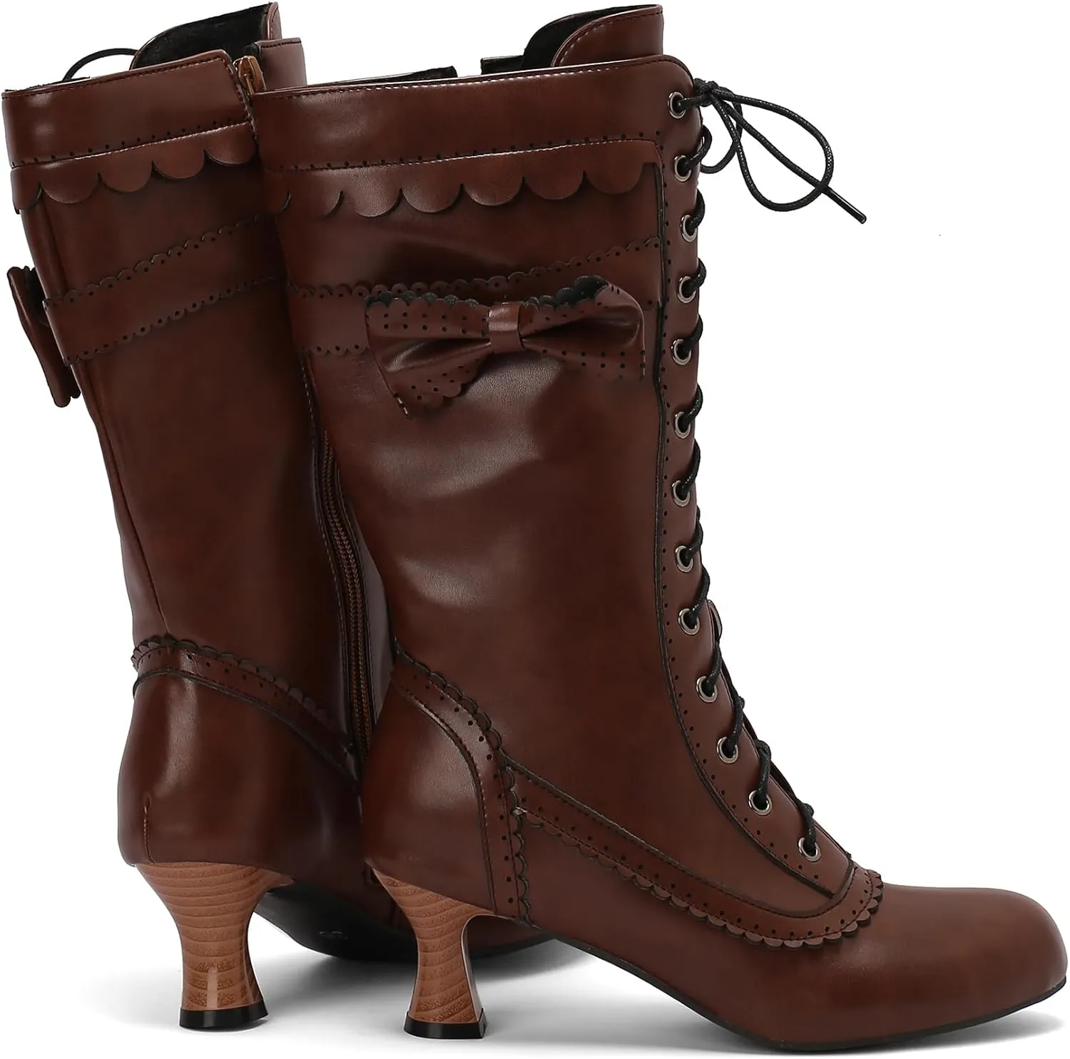 BEAUPAS Women's Mid Calf Boots Victorian Boots Lace Up Chunky Kitten Heel Round Toe Boots Vintage Low High Heels Goth Wedding Dress Granny Boots Zipper Sweet Bow Kawaii Boots