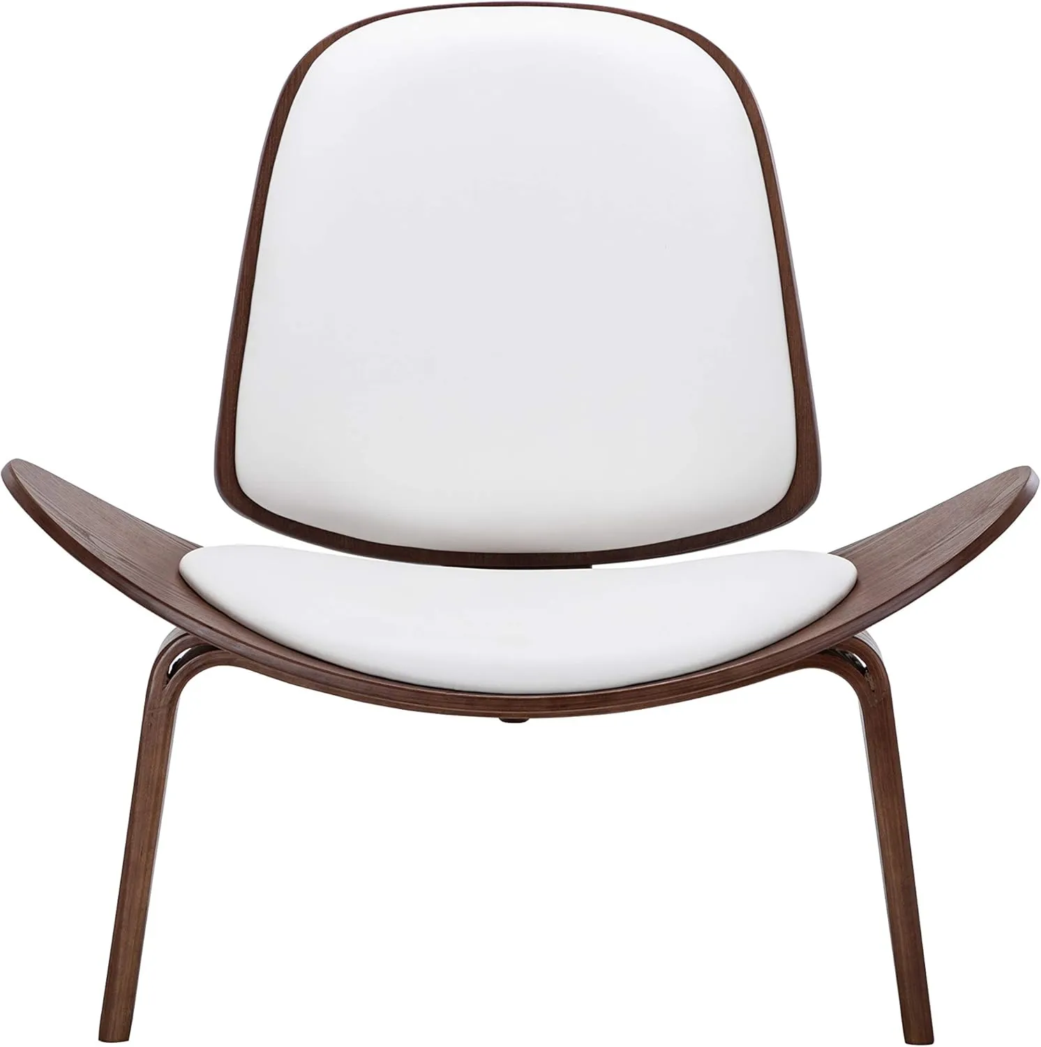 BELLEZE Mid-Century Modern Shell Side Accent Tripod Plywood Lounge Chair Walnut Upholstered Faux Leather, White