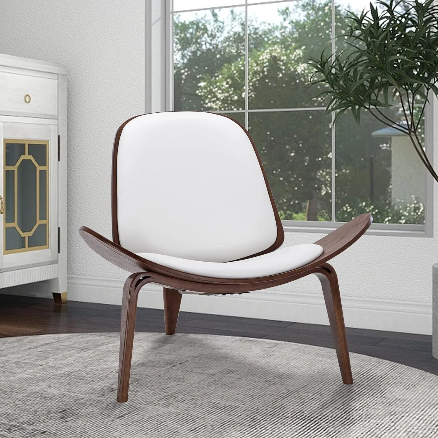 BELLEZE Mid-Century Modern Shell Side Accent Tripod Plywood Lounge Chair Walnut Upholstered Faux Leather, White
