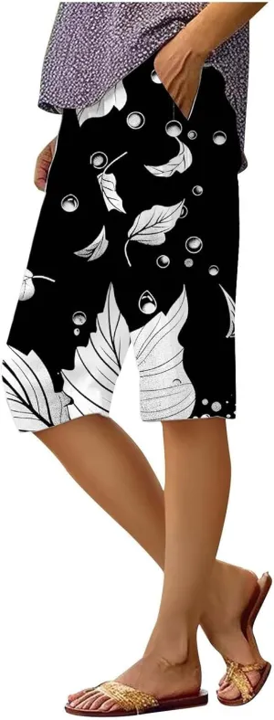 Bermuda Shorts for Women Summer High Waisted Knee Length Boho Floral Pants 2025 Beach Vacation Outfit with Pockets