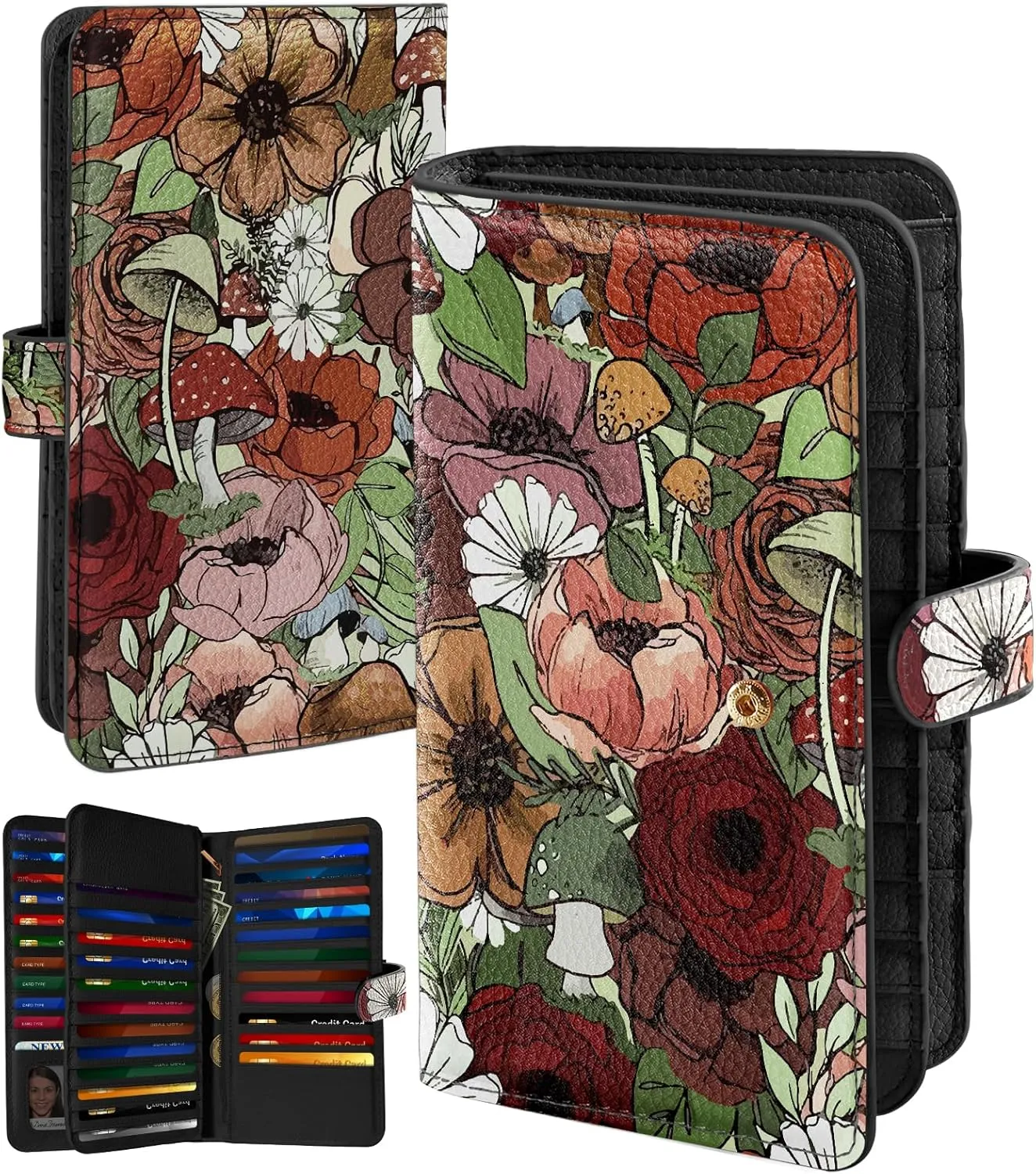 Bistup 【46 Slots Credit Card Holder for Women Ladies Female Teen Girls Rfid Genuine Leather Cardholder Large Capacity Size Big Billfold Wallets Mushroom Flower Cute Girly Aesthetic Print Unique