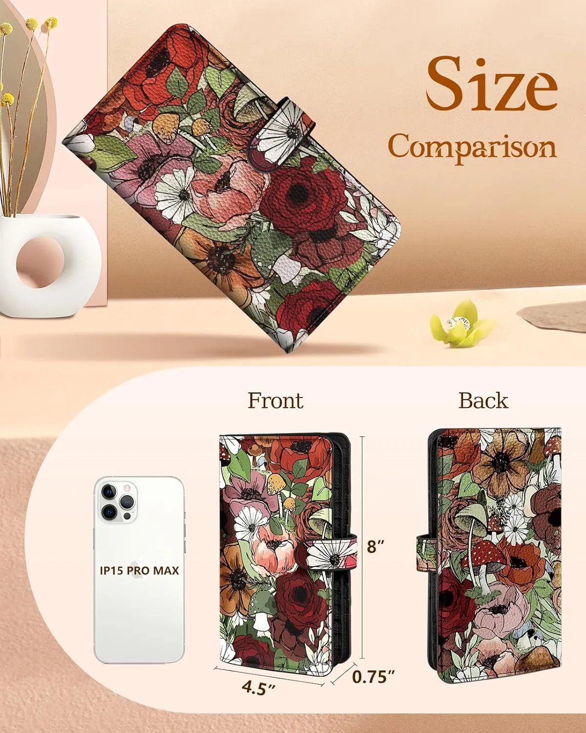 Bistup 【46 Slots Credit Card Holder for Women Ladies Female Teen Girls Rfid Genuine Leather Cardholder Large Capacity Size Big Billfold Wallets Mushroom Flower Cute Girly Aesthetic Print Unique