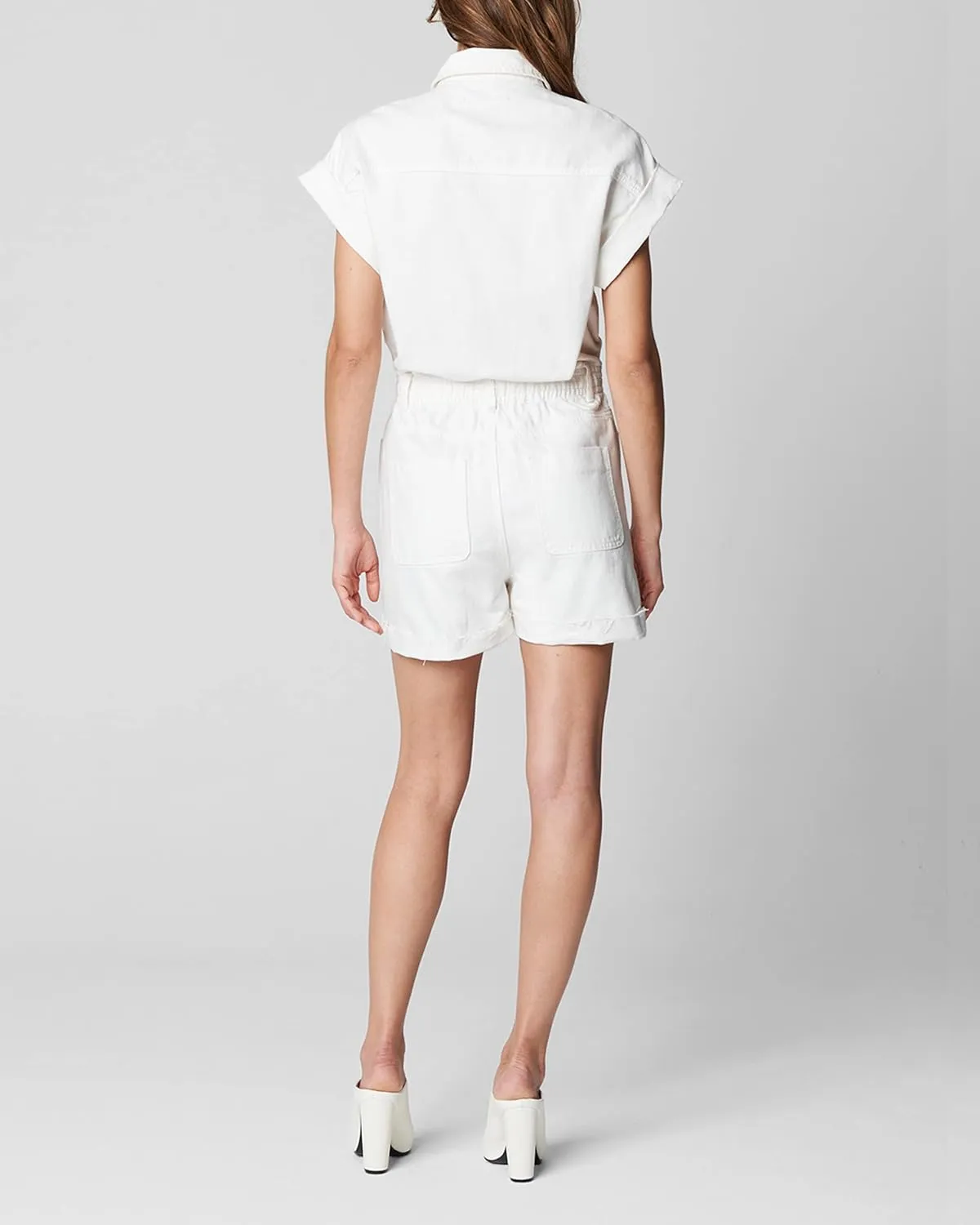 [BLANKNYC] womens White Denim Shorts Sleeve Romper With Patch Pockets, Stylish & Designer Clothing