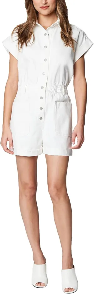 [BLANKNYC] womens White Denim Shorts Sleeve Romper With Patch Pockets, Stylish & Designer Clothing