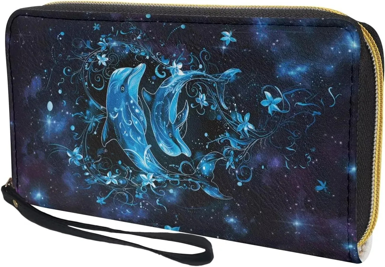 Blue Dolphin Wristlet Leather Wallet for Women Fashion Long Coin Purse Female Girls Zip Around Clutch Bag