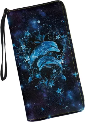 Blue Dolphin Wristlet Leather Wallet for Women Fashion Long Coin Purse Female Girls Zip Around Clutch Bag