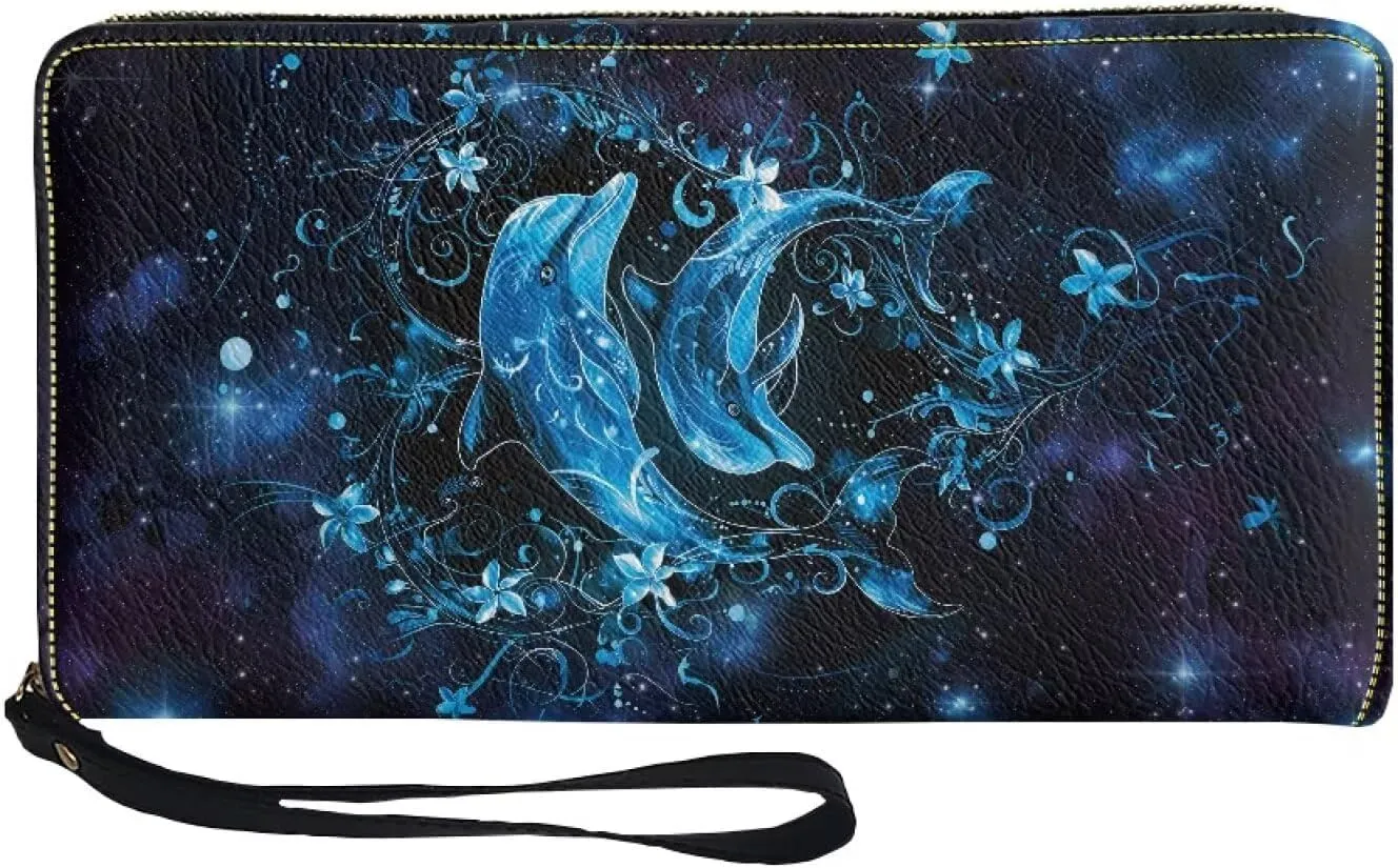 Blue Dolphin Wristlet Leather Wallet for Women Fashion Long Coin Purse Female Girls Zip Around Clutch Bag