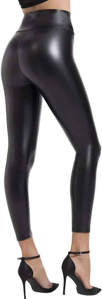 BOOTY GAL Faux Leather Leggings for Women High Waist Pants Black Elastic Tights