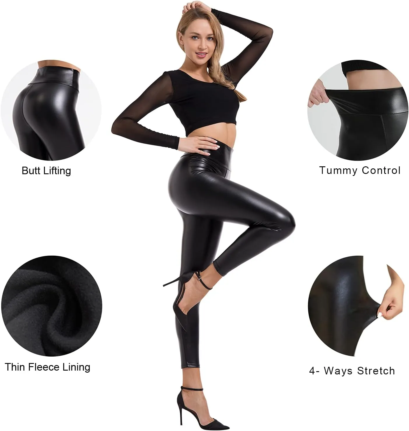 BOOTY GAL Faux Leather Leggings for Women High Waist Pants Black Elastic Tights