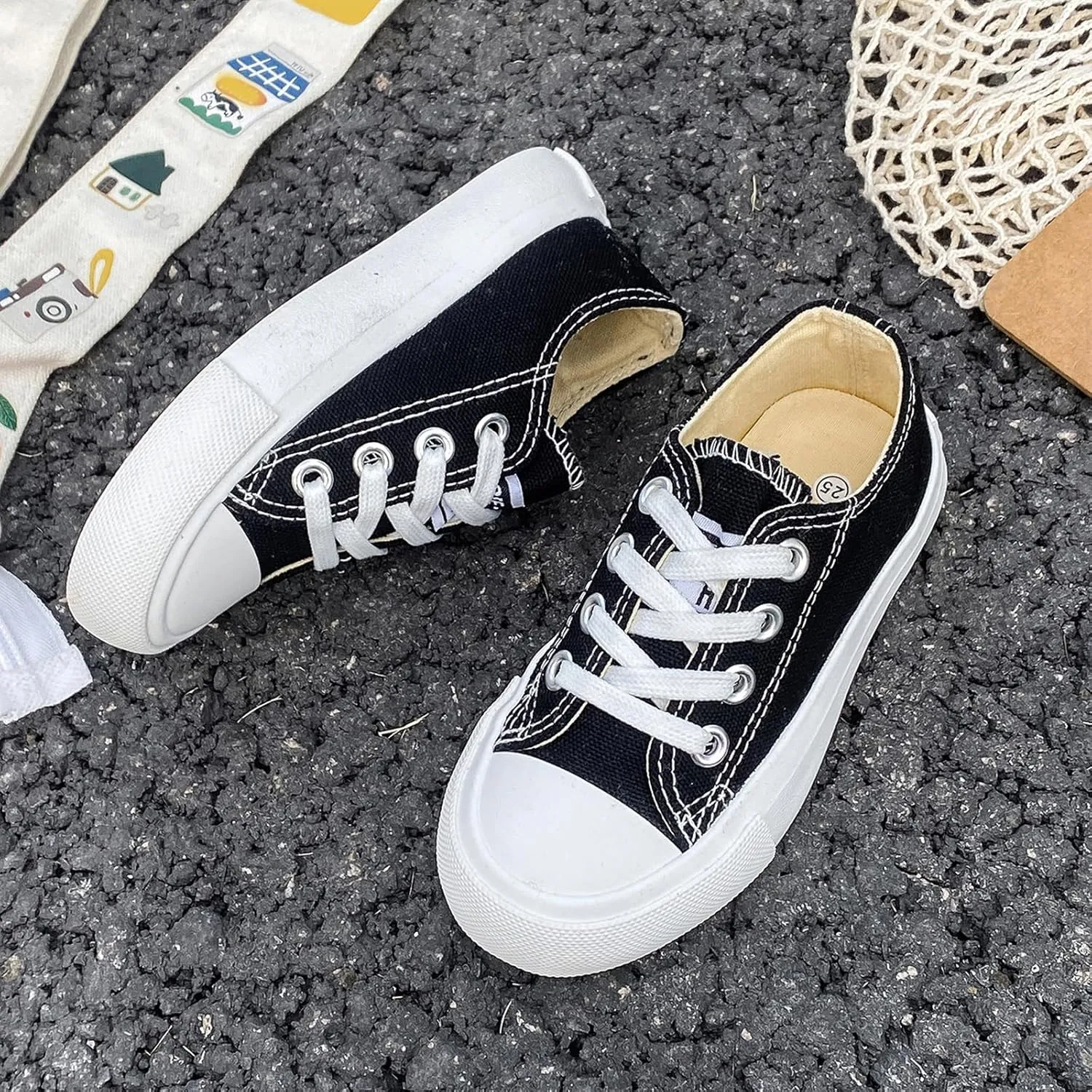 Boys Girls Baby Children's Shoes Low top lace-up Children's Canvas Shoes Back-to-School Season Small White Shoes Children's Sneakers Teens Medium and Large Kids Skateboarding Shoes