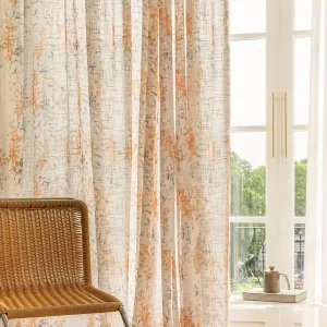 Burnt Orange Floral Semi Sheer Curtains Linen Textured for Living Room Patterned Leaf Light Filtering Privacy Boho Curtain for Dining Bedroom 84 inches Long Rod Pocket 2 Panels