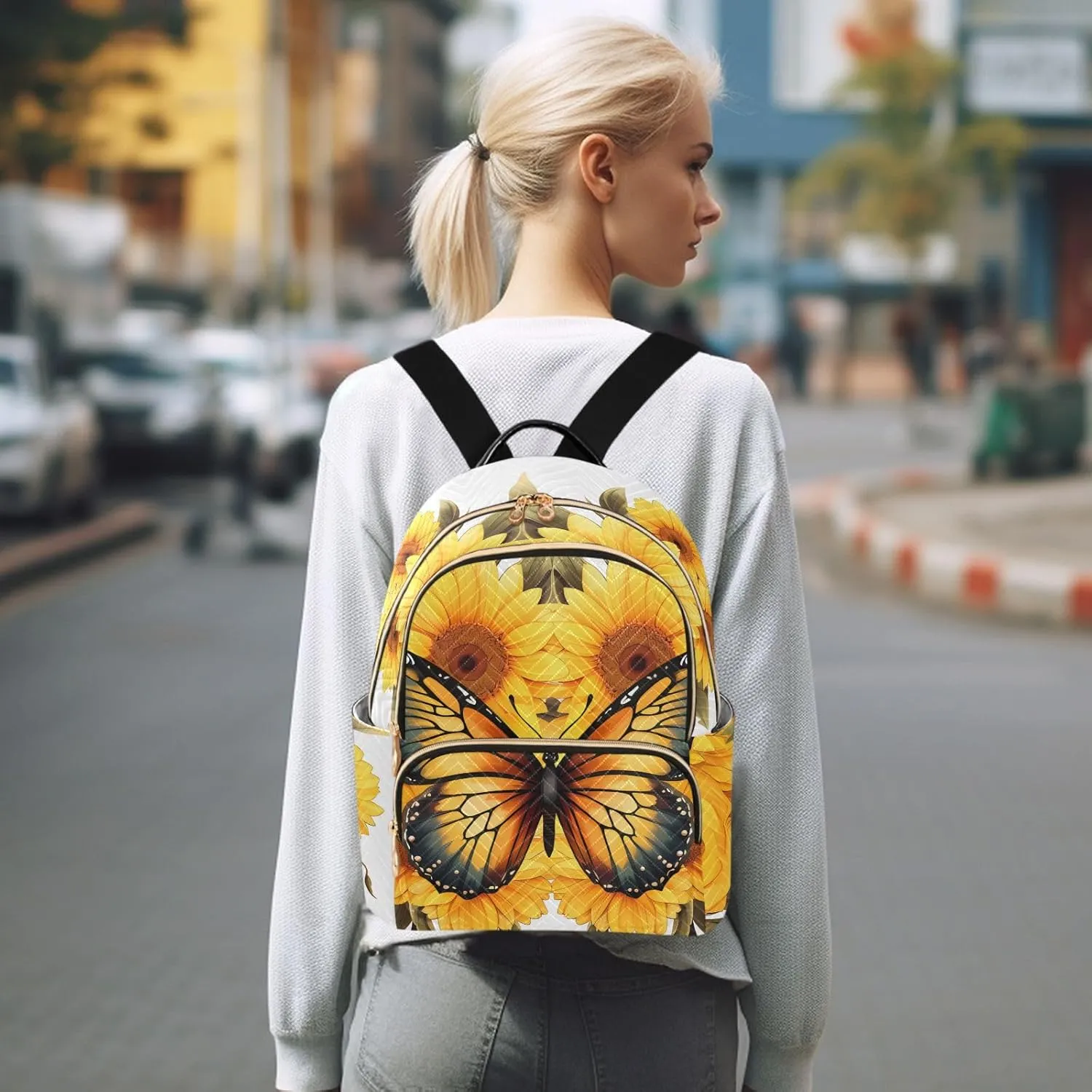 Butterfly Sunflower Fashion Travel Backpack for Women Multi Pockets Lightweight Purse for Women-M