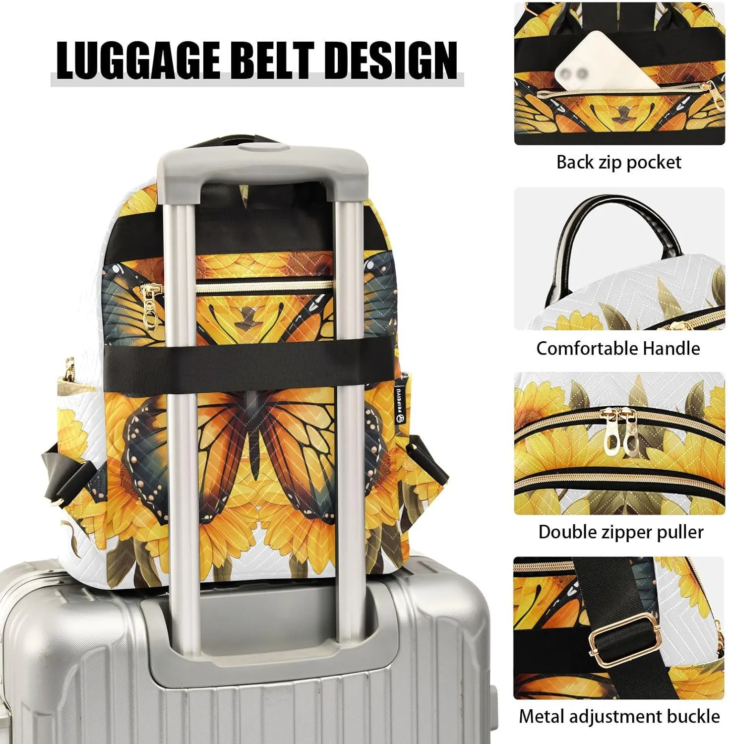 Butterfly Sunflower Fashion Travel Backpack for Women Multi Pockets Lightweight Purse for Women-M