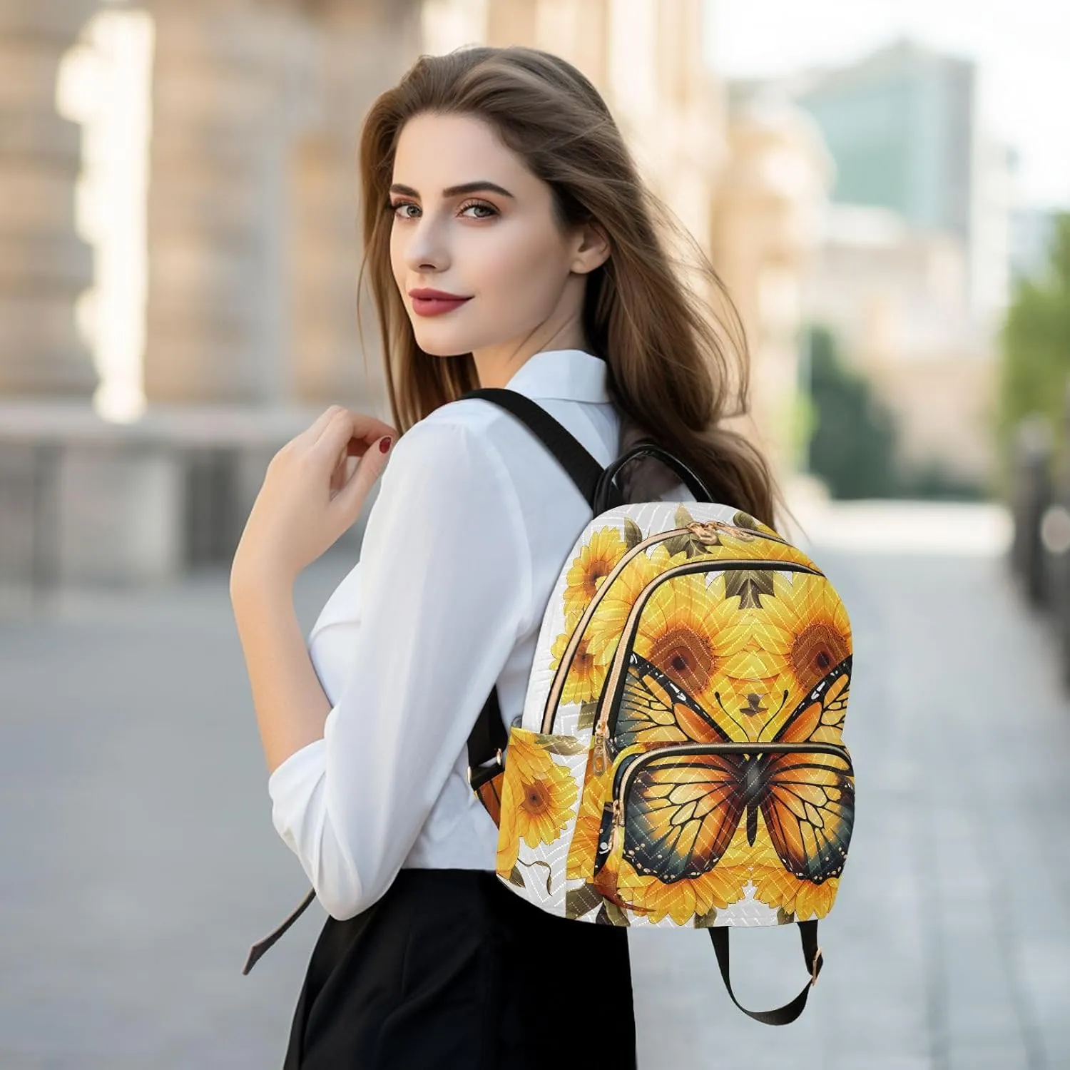 Butterfly Sunflower Fashion Travel Backpack for Women Multi Pockets Lightweight Purse for Women-M