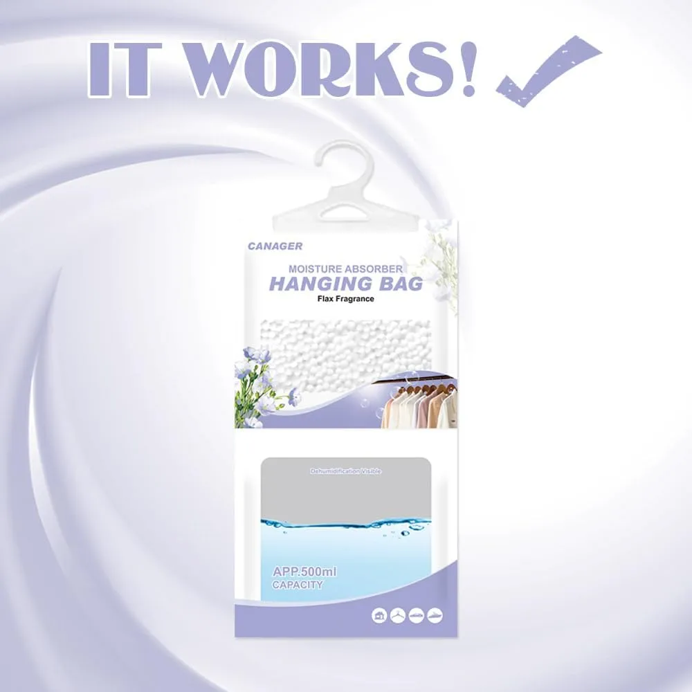 CANAGER Hanging Moisture Absorber, Flax Fragrance Moistureproof Desiccant Hanging Bag，Dehumidifier Bag (8 packs) Hanging Closet Dehumidifier Bags, Moisture Absorb 12.5 oz