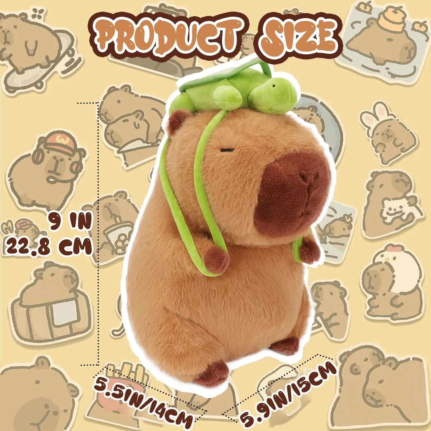 Capybara Plush Toy - 9 Inch Cute Capybara Stuffed Animal with Turtle Backpack, Kawaii Capibara Plushie for Kids and Adults
