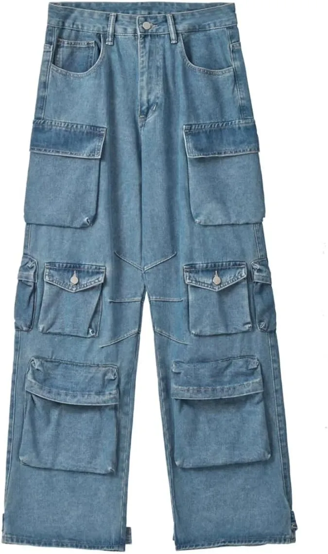 Cargo Pants with Pockets Men Women Baggy Jeans Y2k Wide Leg Grunge Loose Jeans Clothes Streetwear Black