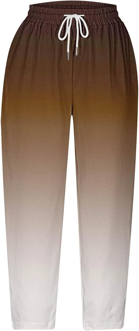 Casual Gradient Color Capris Pants for Women Comfy Loose Fit Drawstring Seven Pant with Pockets Vacation Going Out
