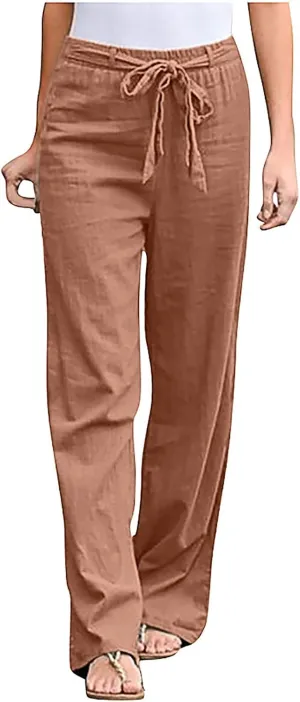 Ceboyel Womens Cotton Linen Summer Pants Drawstring High Waist Beach Pants Relax Fit Baggy Lounge Pants Causal Ladies Outfits