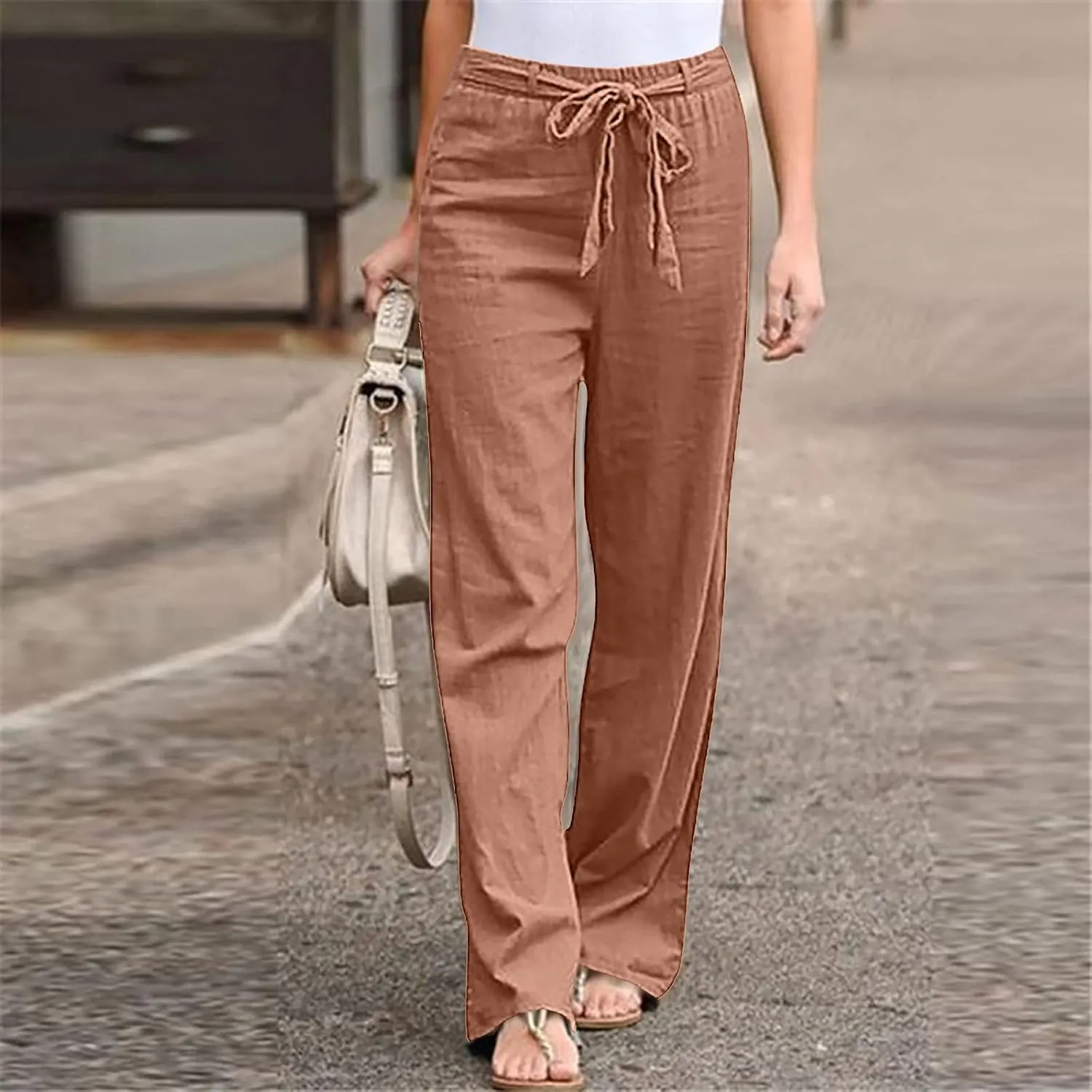 Ceboyel Womens Cotton Linen Summer Pants Drawstring High Waist Beach Pants Relax Fit Baggy Lounge Pants Causal Ladies Outfits
