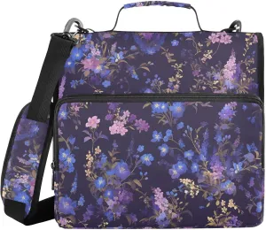 Chic Purple Flower 3 Rings Binder Organizer with Handle Multiple Pockets Portable Home Travel Safe Storage Bag for School