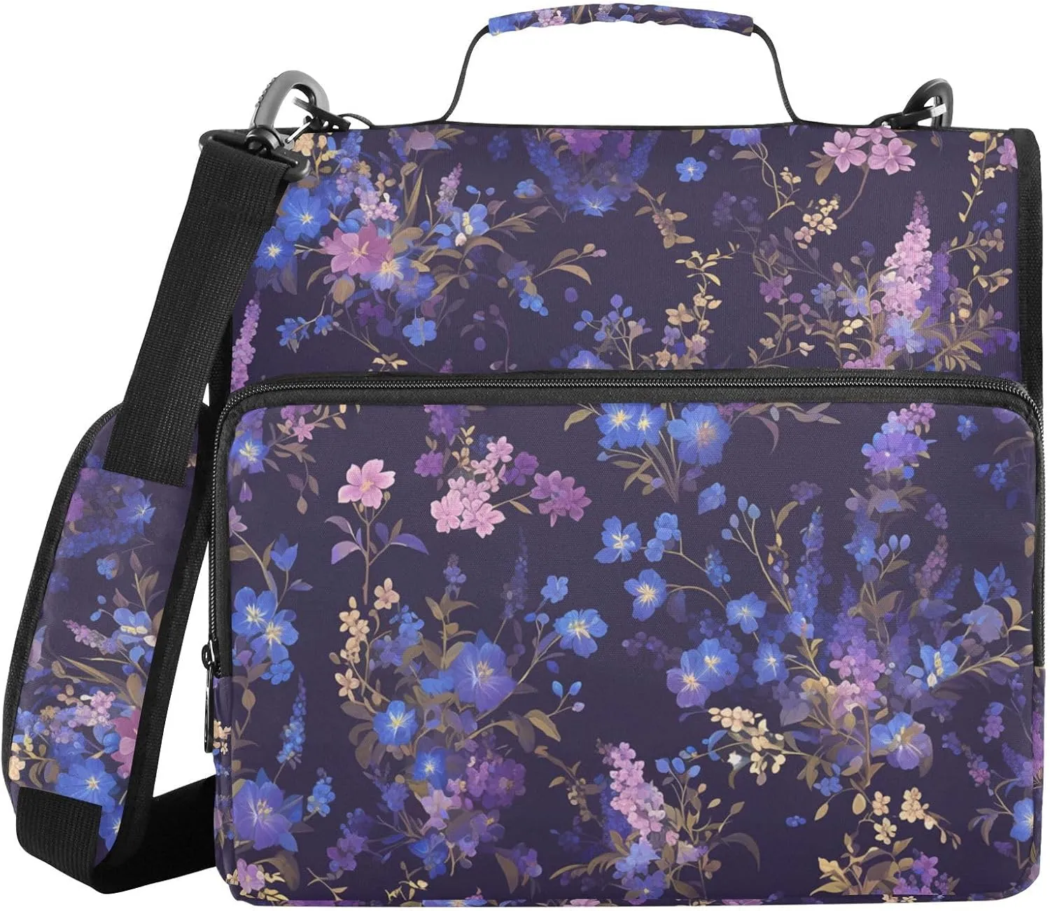Chic Purple Flower 3 Rings Binder Organizer with Handle Multiple Pockets Portable Home Travel Safe Storage Bag for School