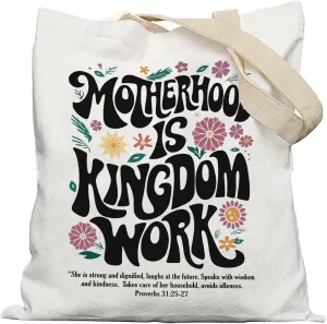 Christian Mom Tote Bag, Proverbs 31 Woman Bible Verse Canvas Tote Bags, Christian Mother's Day Gifts for Mom, Motherhood is Kingdom Work Reusable Grocery Shopping Bags