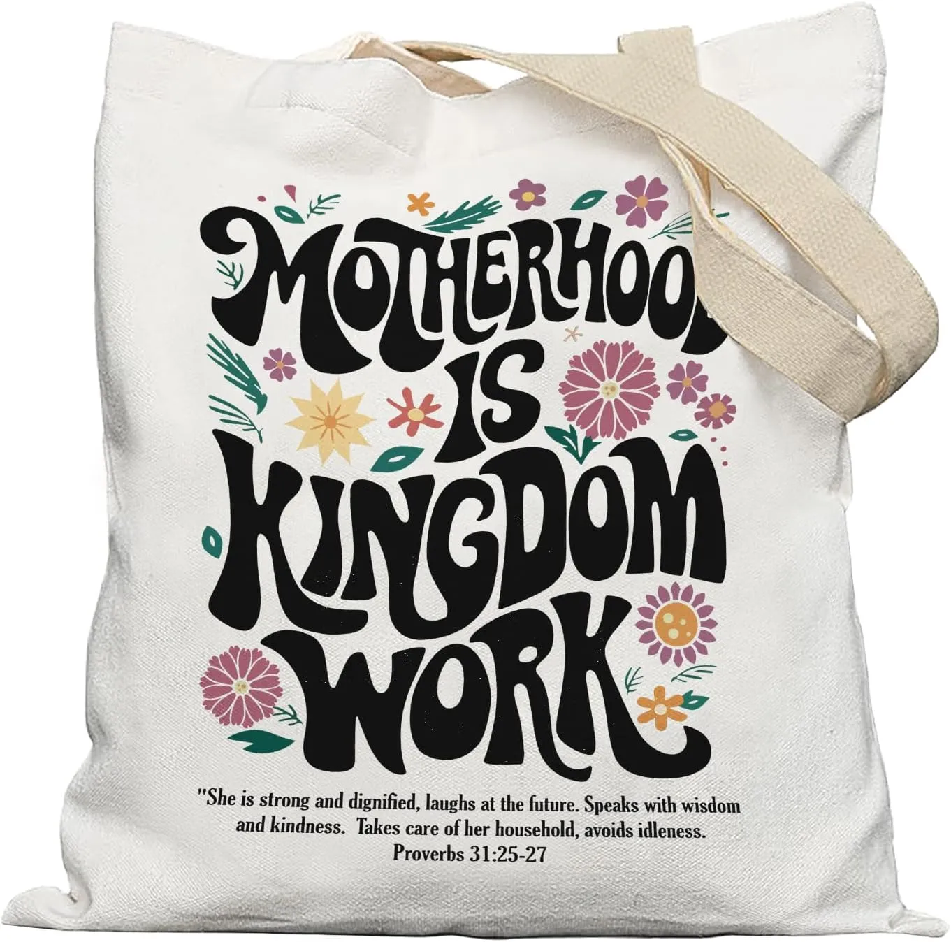 Christian Mom Tote Bag, Proverbs 31 Woman Bible Verse Canvas Tote Bags, Christian Mother's Day Gifts for Mom, Motherhood is Kingdom Work Reusable Grocery Shopping Bags
