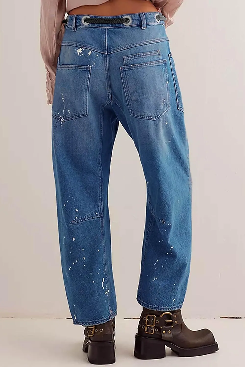 Cicy Bell Womens Baggy Barrel Horseshoe Jeans Wide Leg Drawstring Vintage Denim Pants with Front Pockets