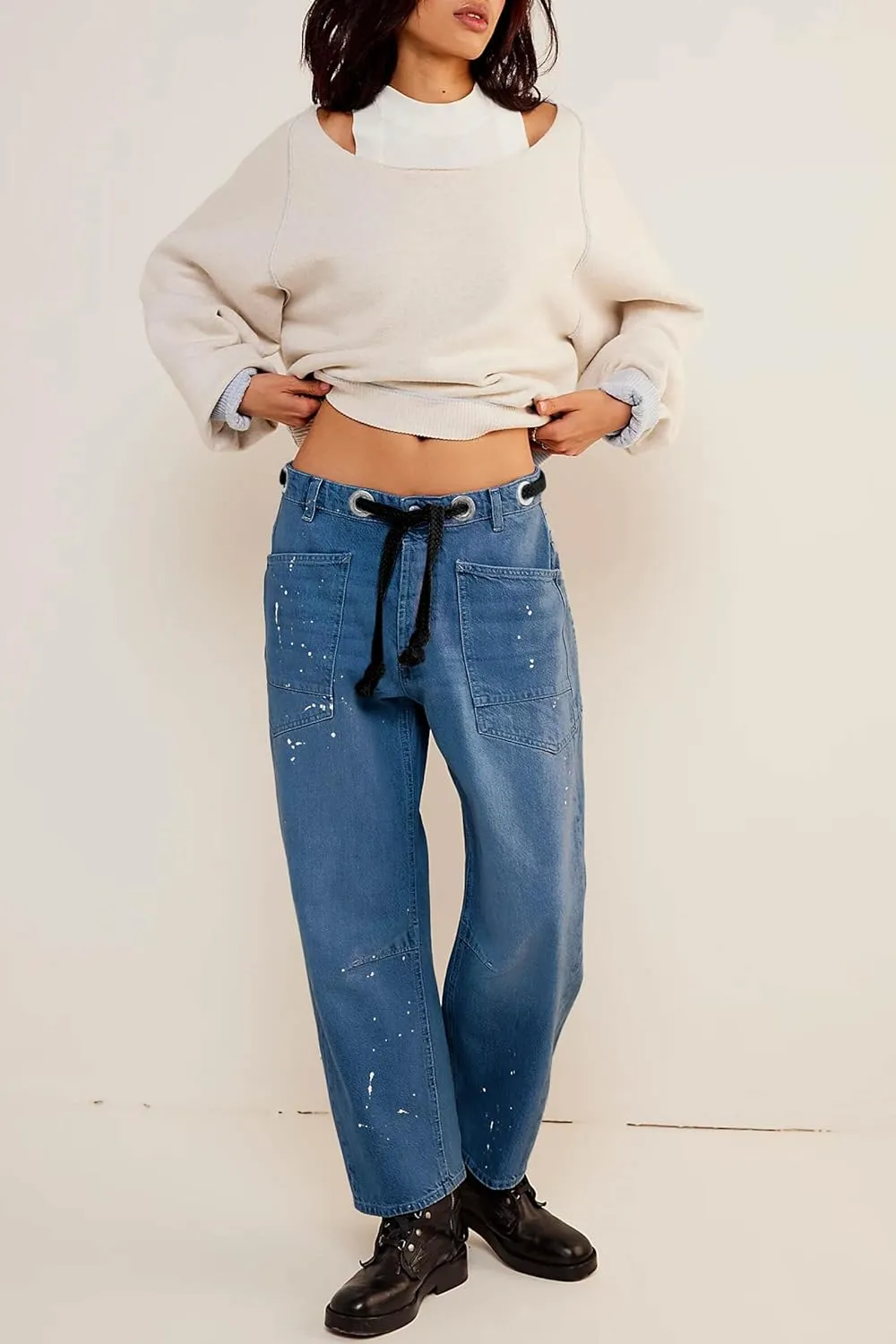 Cicy Bell Womens Baggy Barrel Horseshoe Jeans Wide Leg Drawstring Vintage Denim Pants with Front Pockets